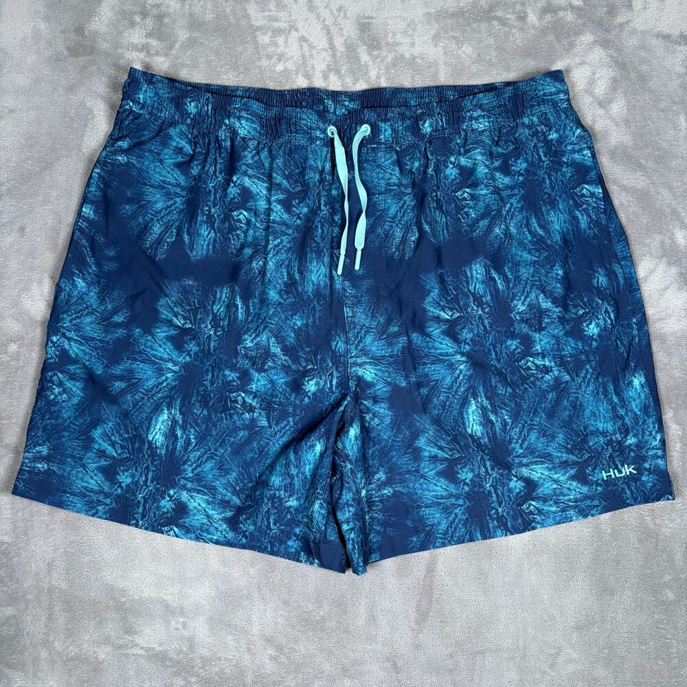HUK Fishing Swim Trunks Blue Aqua Print Lined Shorts Men’s Size XL